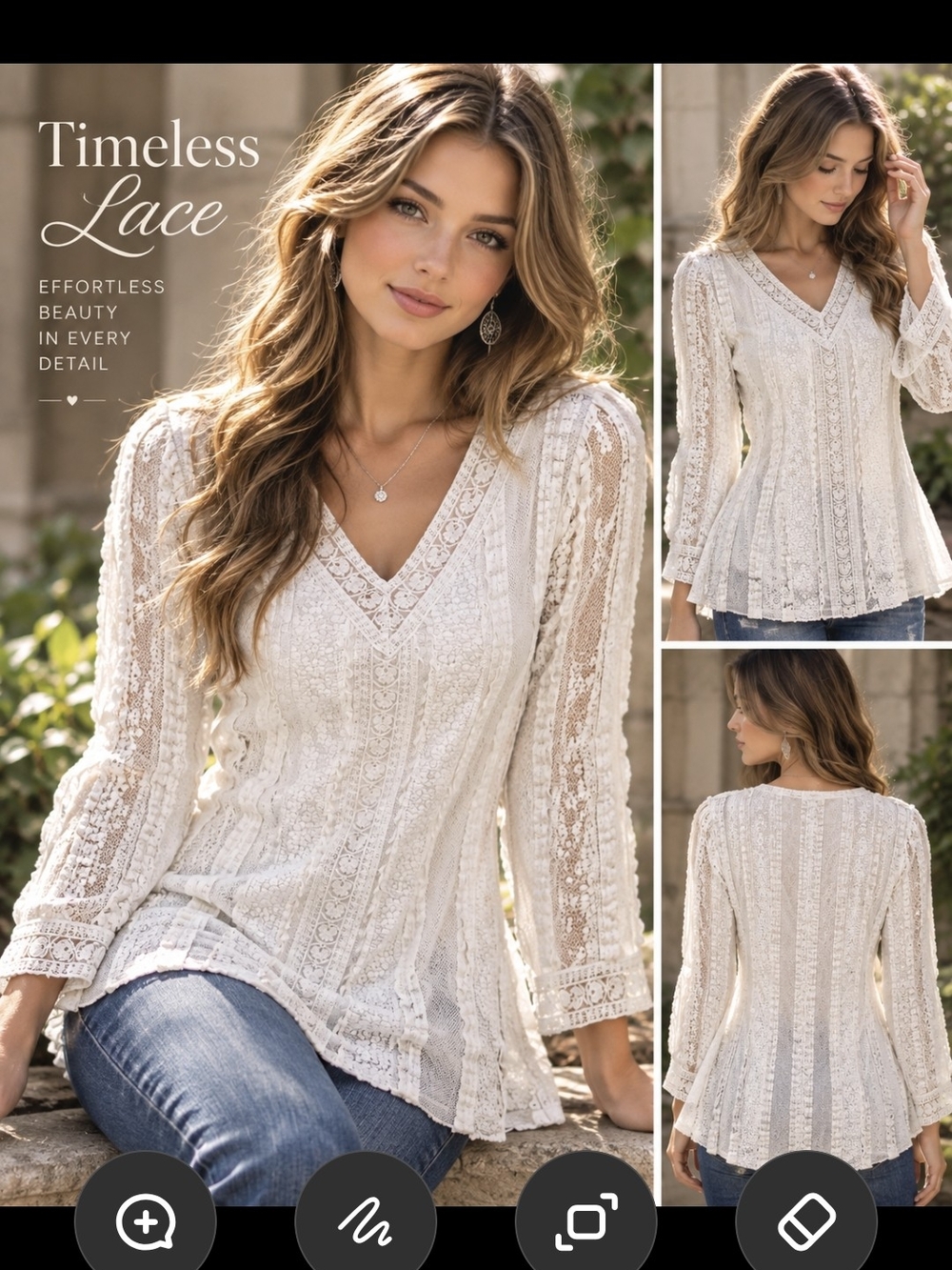 indigo soul Cream Lace V-Neck Tunic Top